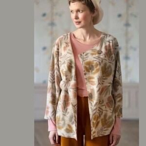 Gudrun Sjoden Disa Floral Felted Wool Wrap Cardigan Sweater Gray Orange M NEW